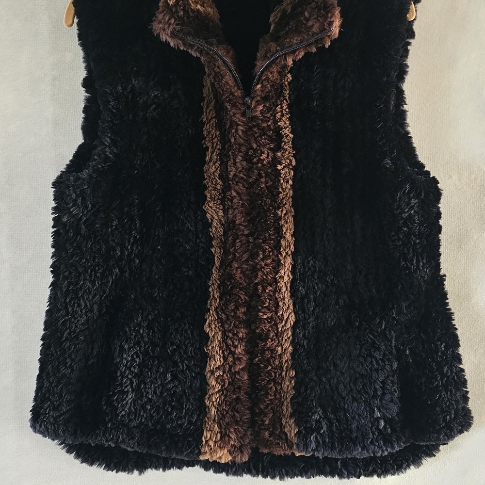 Plush Faux Fur Black Vest with Brown Trim